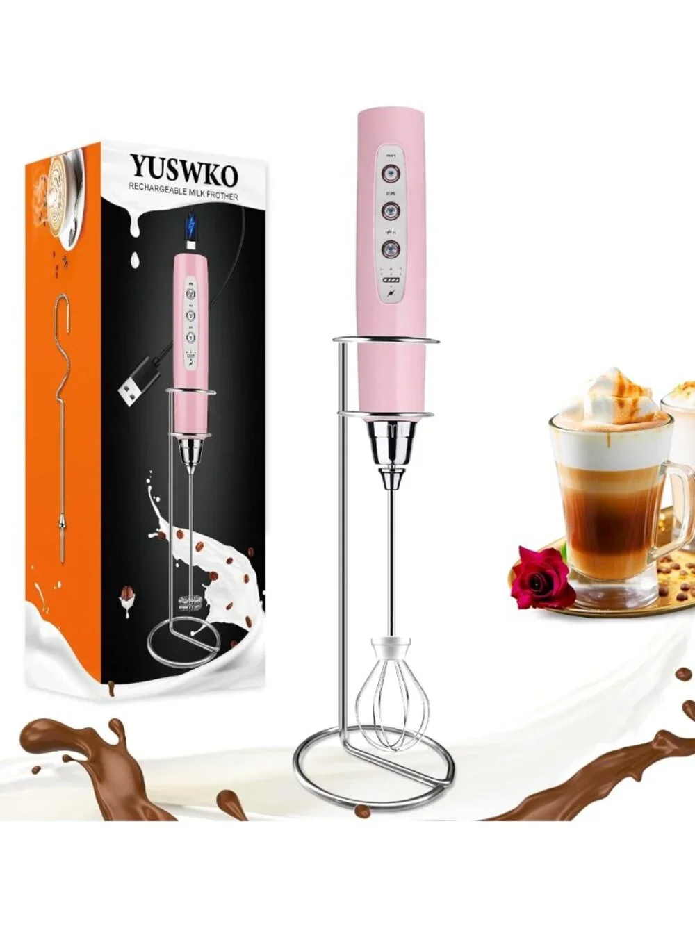Rechargeable Handheld Milk Frother Wand - 3 Speeds, 3 Heads for Coffee & Drinks